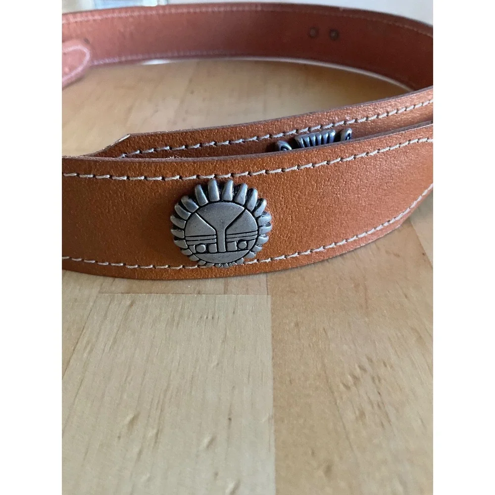Tan Leather Southwestern Concho Belt Silver Tone Buffalo Thunderbird Sun Size 34